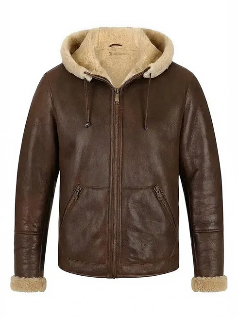 Mens Brown Shearling Hooded Leather Jacket