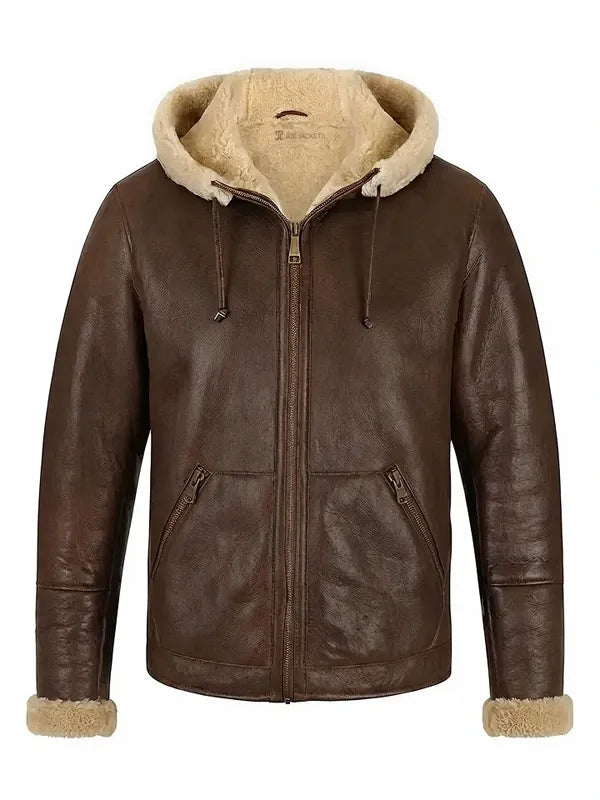Mens Brown Shearling Hooded Leather Jacket