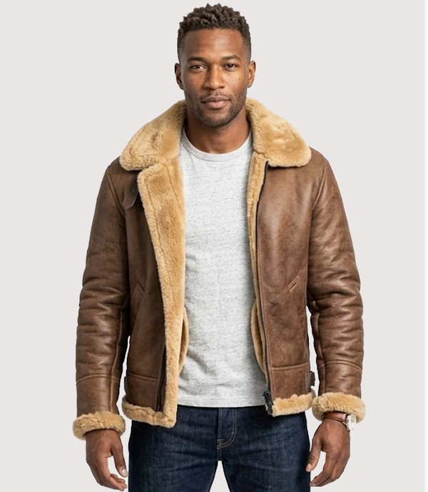 Men's Brown Sheepskin Genuine Leather Fur Jacket