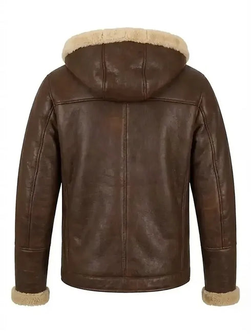 Mens Brown Shearling Hooded Leather Jacket