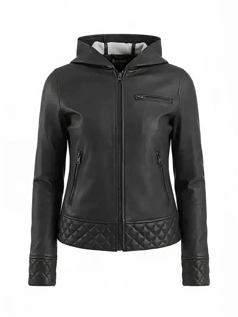 Women's Black Leather Hooded Bomber Jacket