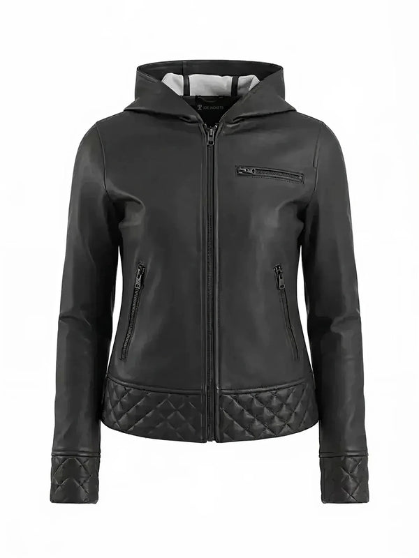 Women's Black Leather Hooded Bomber Jacket