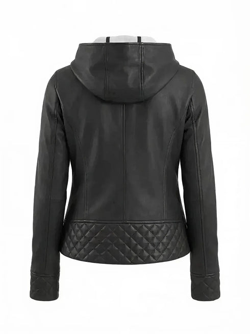 Women's Black Leather Hooded Bomber Jacket
