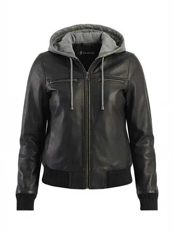 Women's Black Hooded Leather Bomber Jacket