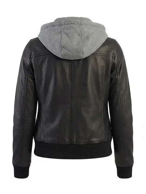 Women's Black Hooded Leather Bomber Jacket