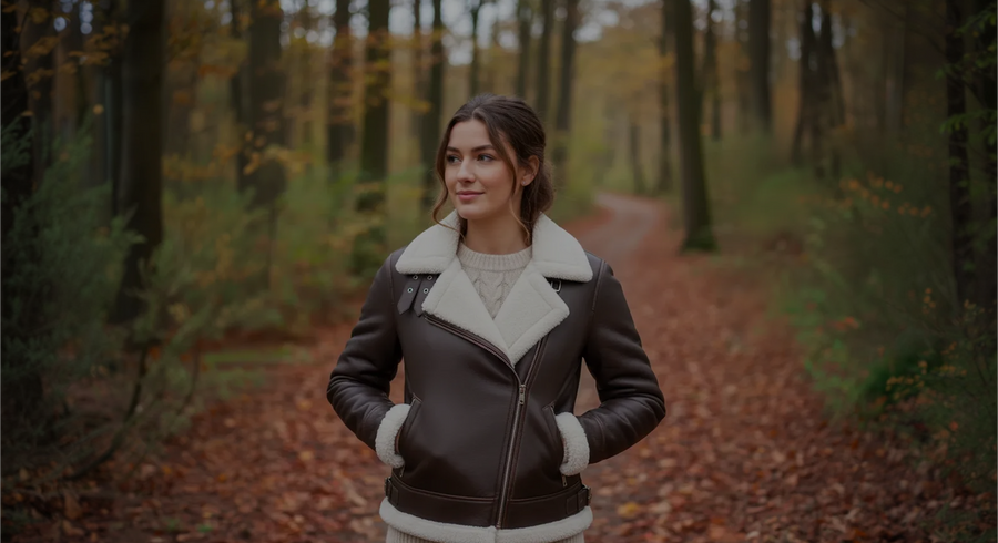 Woman in a brown leather jacket with white fur trim standing in a forest during autumn.