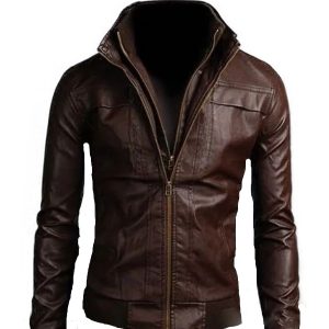 Men's Brown Bomber Faux Leather Jacket