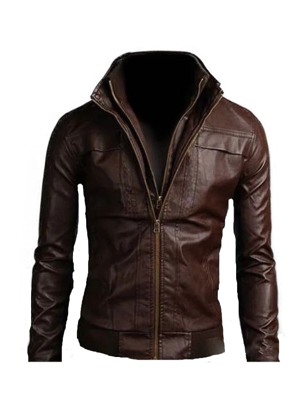 Men's Brown Bomber Faux Leather Jacket
