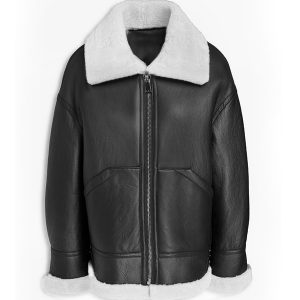 Black Genuine Leather Men’s White Shearling Collar Jacket