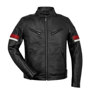 Men's Black Leather Red and White Striped Cafe Racer Jacket