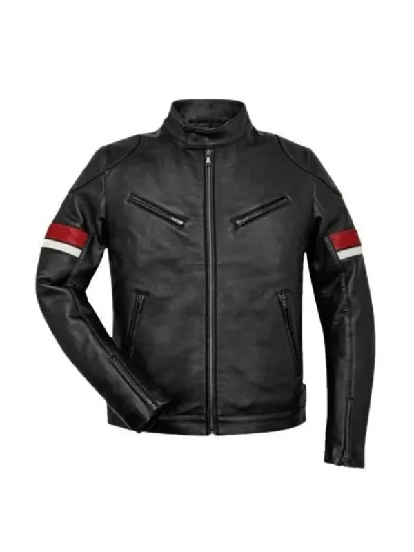 Men's Black Leather Red and White Striped Cafe Racer Jacket