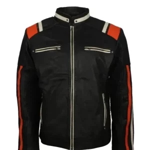 Men's Cafe Racer Striped Black Retro Biker Jacket