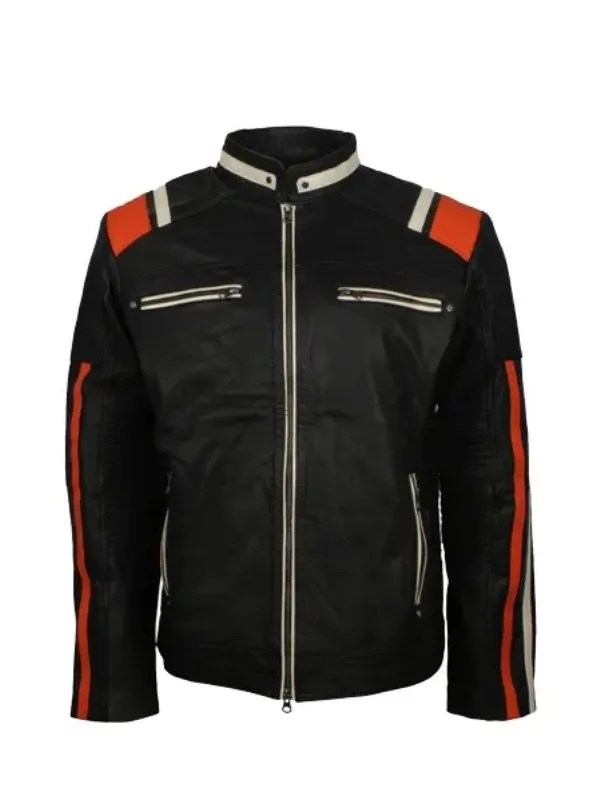 Men's Cafe Racer Striped Black Retro Biker Jacket