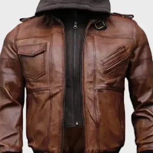Men's Brown Hooded Bomber Leather Jacket