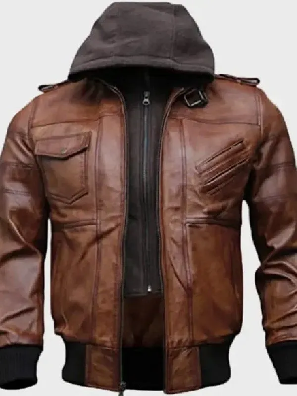 Men's Brown Hooded Bomber Leather Jacket