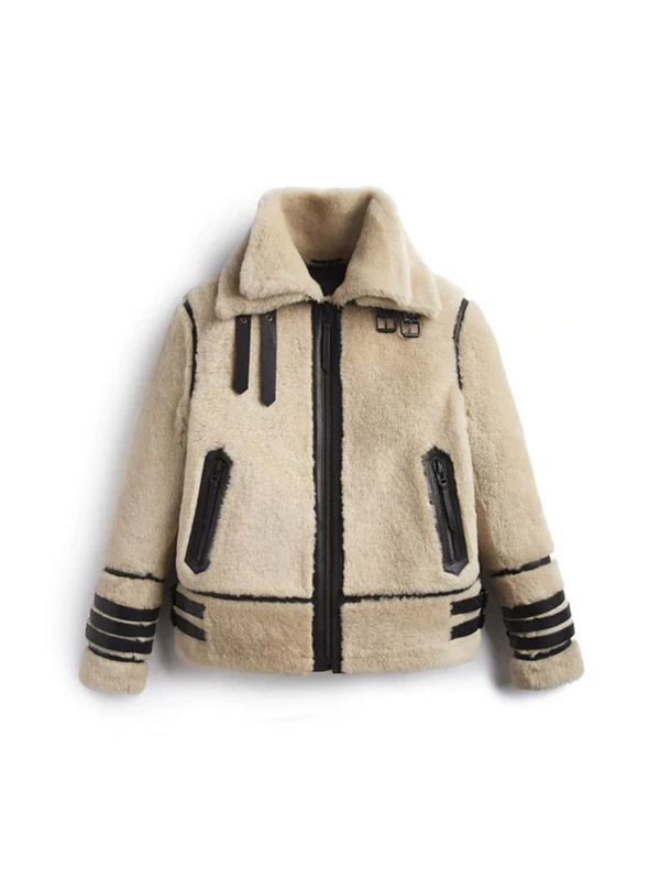 Off White Shearling Leather Jacket With Strips
