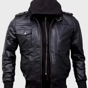 Men's Bomber Black Hooded Leather Jacket