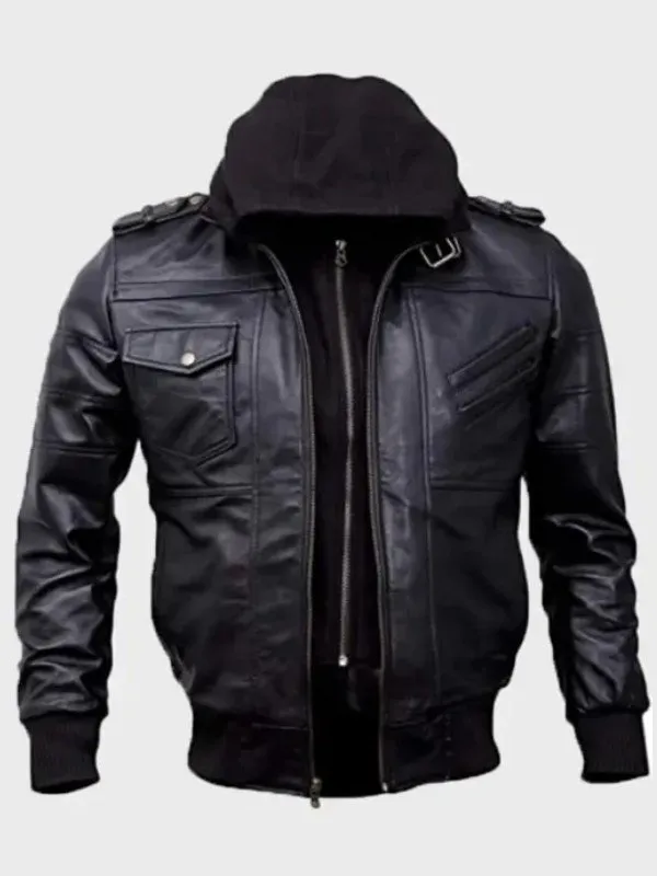Men's Bomber Black Hooded Leather Jacket