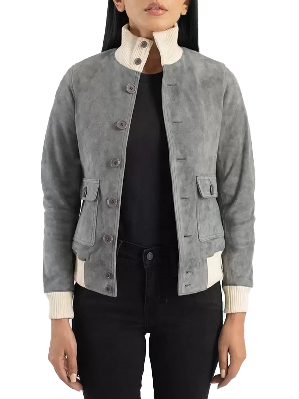 Womens Sasha A1 Gray Suede Bomber Jacket