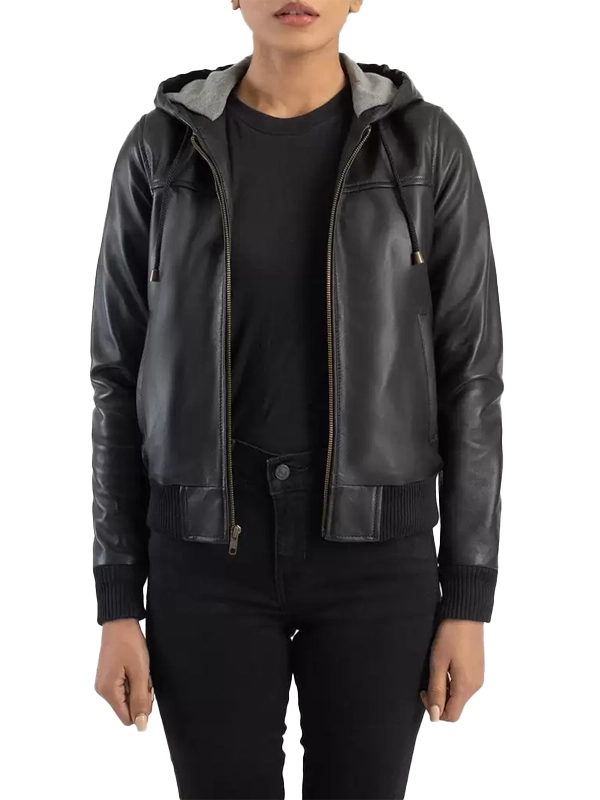 Womens Rebella Black Hooded Leather Bomber Jacket