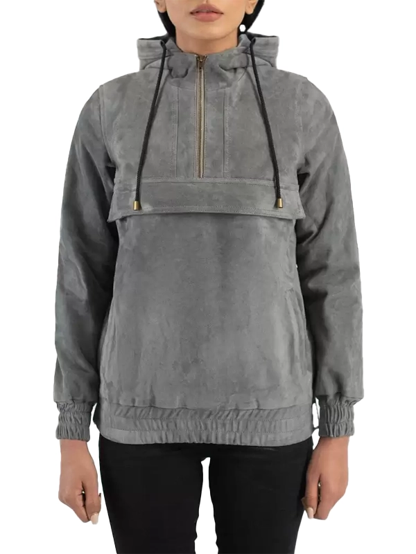 Womens Zest Grey Hooded Suede Pullover Jacket