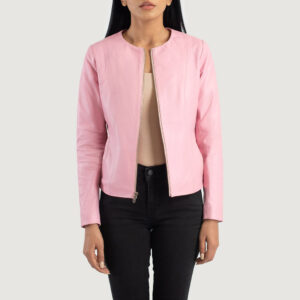 Elixir Collarless Pink Leather Women`s Biker Jacket