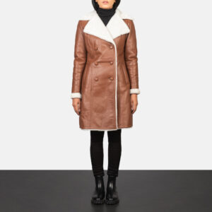 Double Breasted Amie Brown Women`s Long Winter Shearling Coat