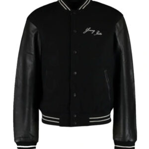 Men's Black Bomber Leather Varsity Jacket with Ribbed Knit Trim