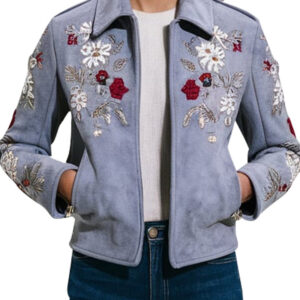 Women's Suede Denim Jacket With Floral Embroidery