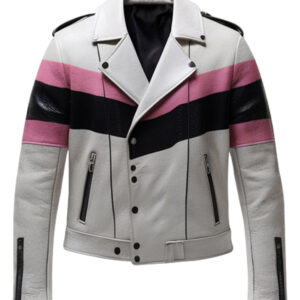 Men's Biker Jacket in White Leather with Pink and Black Stripes