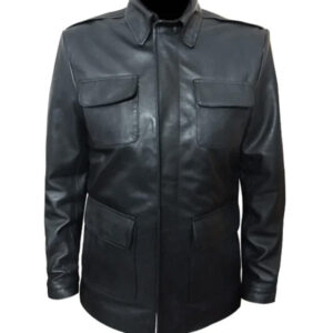 Men`s Black Shirt Style Leather Long Winter Coat