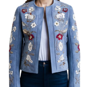 Floral Embroidered Women's Denim Jacket in Blue