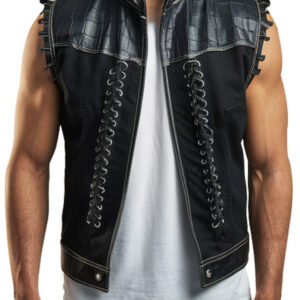 Crocodile-Embossed Men's Black Leather Panel Vest
