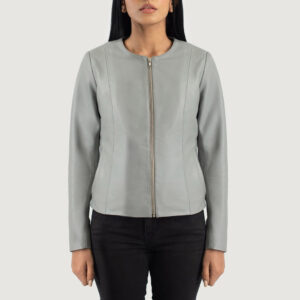 Elixir Gray Collarless Leather Women`s Biker Jacket