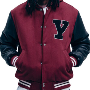 Men's Maroon Varsity Hoodie Jacket with Black Leather Sleeves