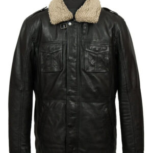 Men`s Black Trucker Style Shearling Long Winter Coat