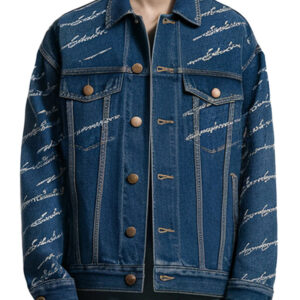 Blue Denim Jacket for Men with White Script Embroidery