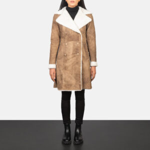 Ami Distressed Brown Double Breasted Shearling Long Winter Coat for Women