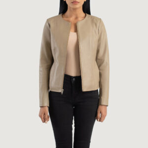 Elixir Beige Collarless Leather Women`s Biker Jacket