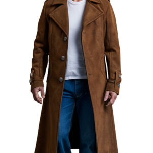 Double-Breasted Men's Navy Blue Suede Trench Winter Coat