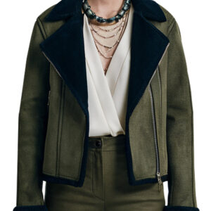 Shearling Lined Olive Green Women`s Moto Jacket