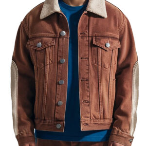 Men's Brown Denim Jacket with Stylish Shearling Collar