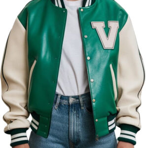 Womens Green Varsity Leather Jacket with Cream Sleeves