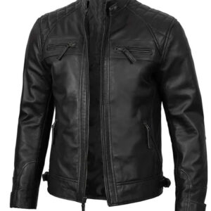 Cafe Racer Leather Biker Jacket Black
