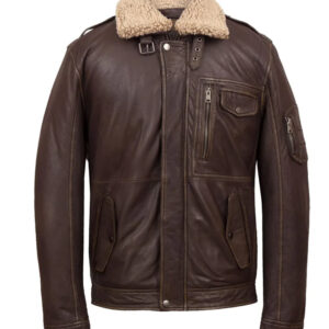 Shearling Distress Brown Leather Bomber Jacket