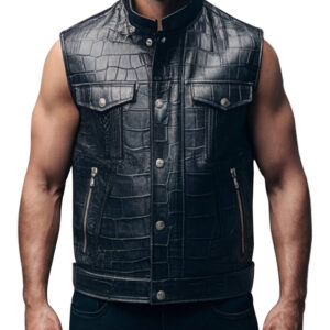 Crocodile Pattern Men's Black Leather Vest