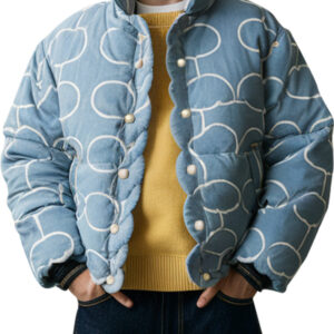 Light Blue Puffer Jacket with Graphic Pattern