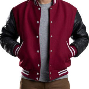 Men`s Maroon Varsity Jacket Featuring Black Leather Sleeves