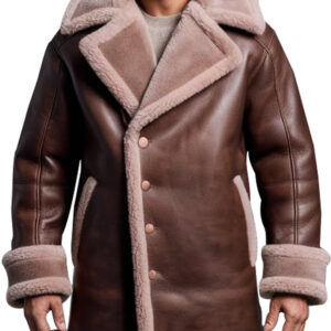 Men's Brown Shearling Long Leather Jacket Coat with Plush Collar