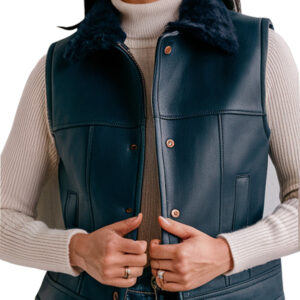 Navy Blue Women's Leather Vest Featuring Faux Fur Collar